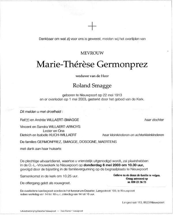 Overlijdensbrief Marie-Thrse Germonprez